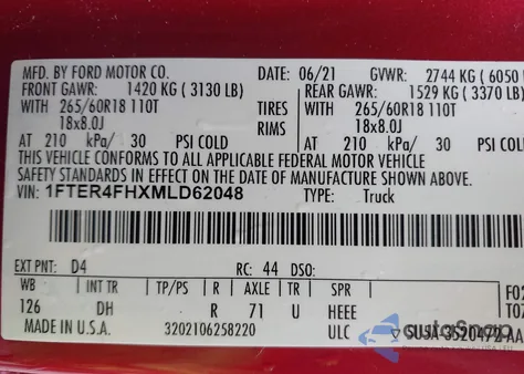 2021 Ford Ranger Lariat from USA, damaged, VIN 1FTER4FHXMLD62048